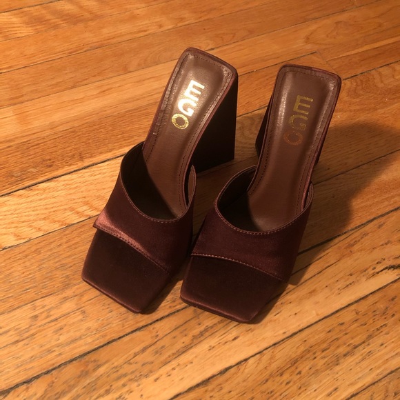 SOLD Square open toe sculptured flared block heel mule in brown satin - Picture 9 of 9